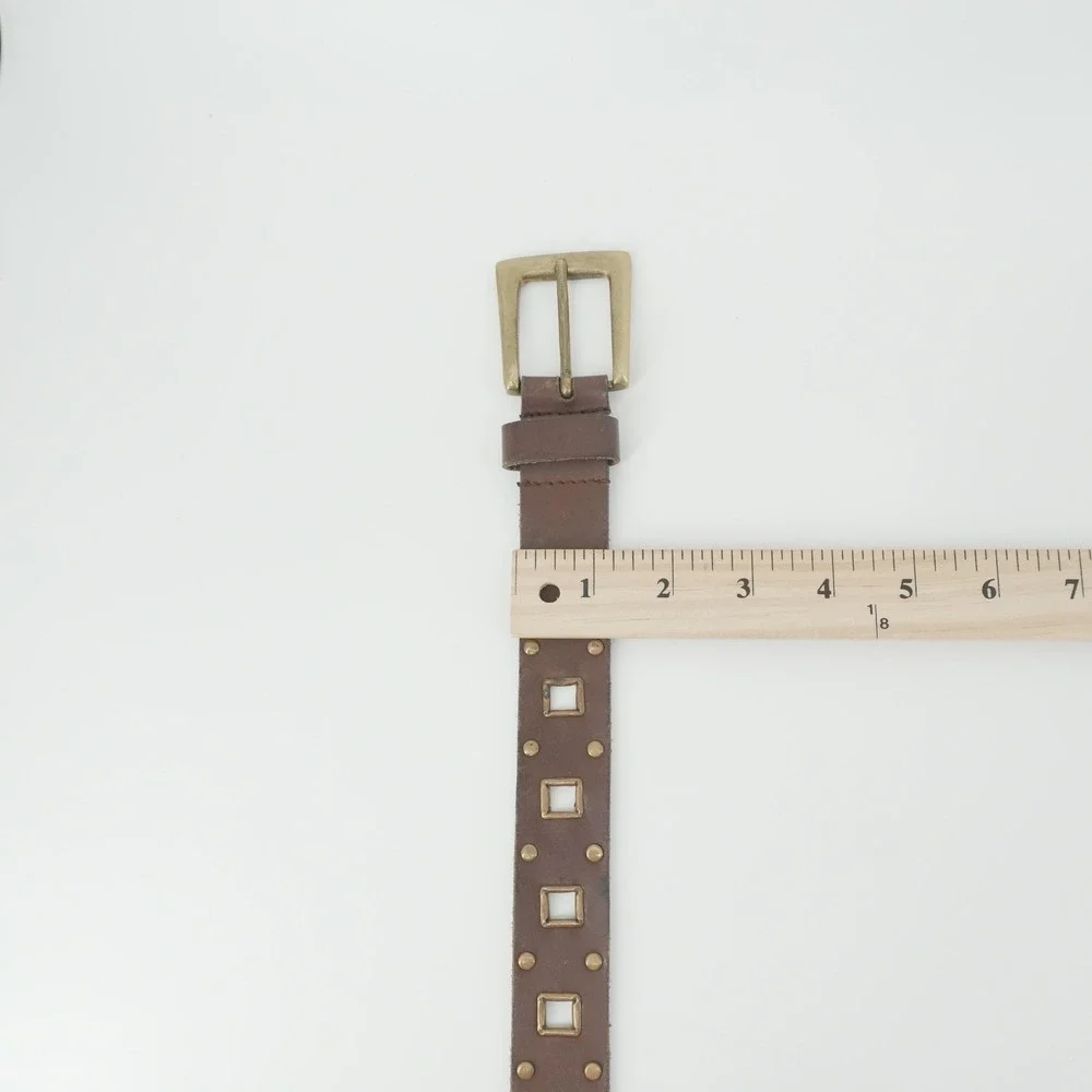 Studded Leather Belt Women 32-34 Brown Square Grommet Solid Brass Buckle